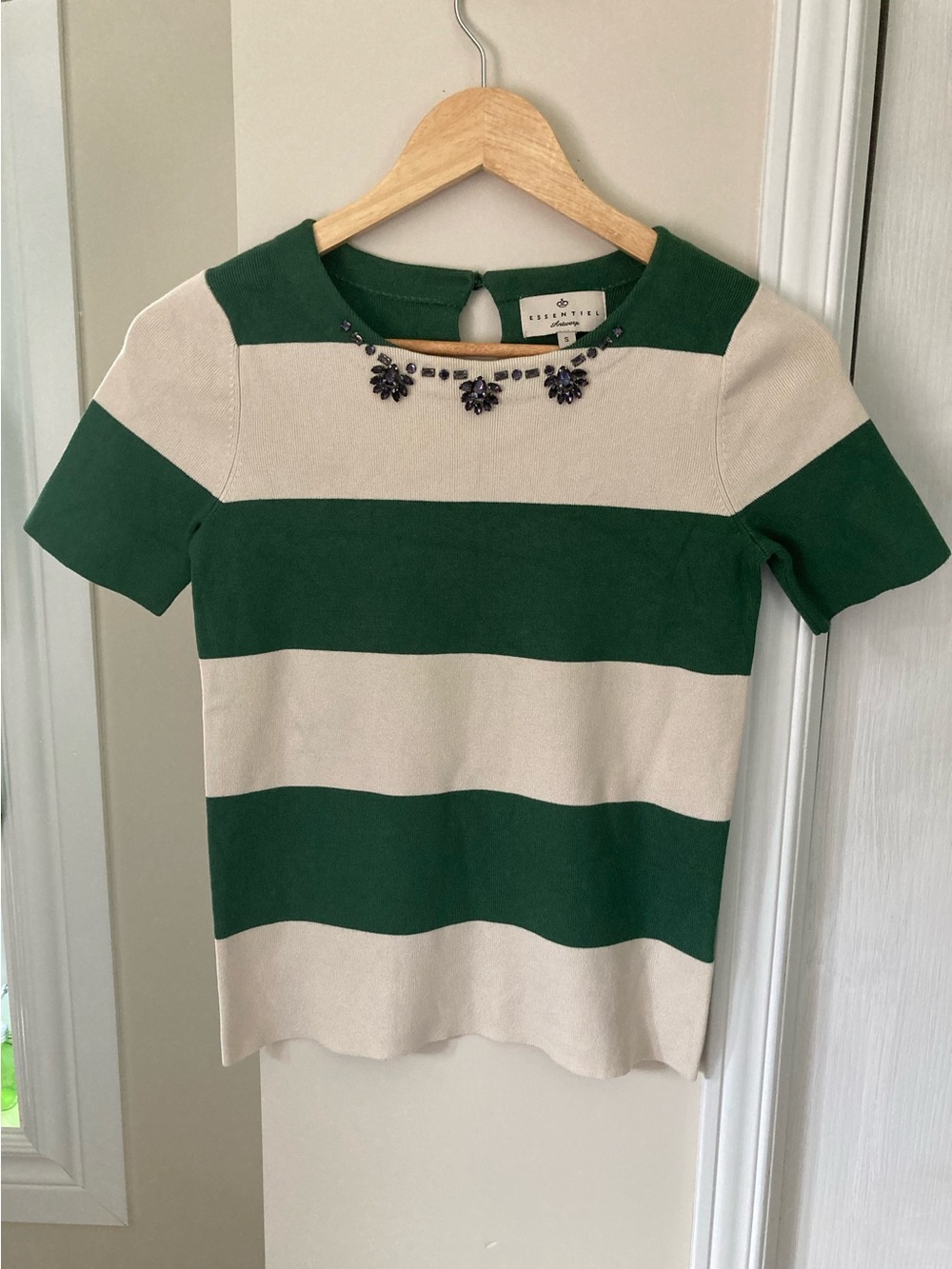Essentiel Antwerp Green and Cream Striped Short-Sleeve Sweater Top
